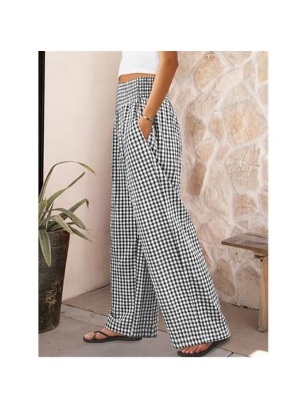 Black Striped Gingham Palazzo Pants High Waisted Wide Leg Lounge Pants